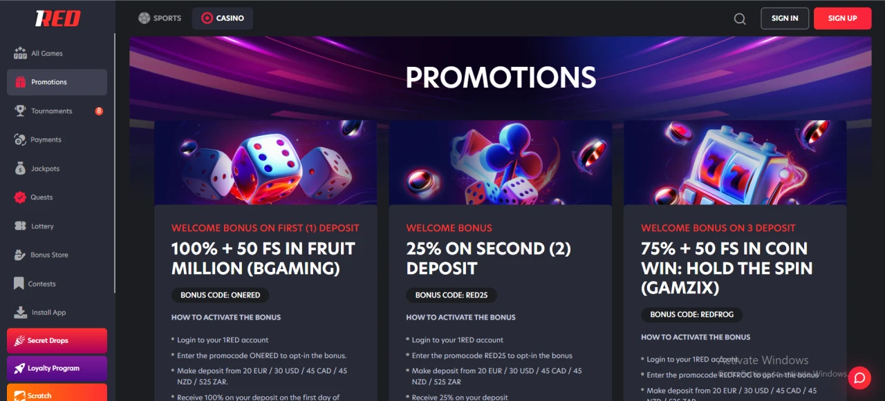 1Red Bonuses Not on Gamstop