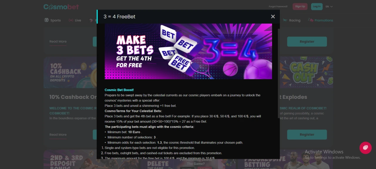 Cosmobet - 3 = 4 FreeBet: The Cosmic Bet Boost