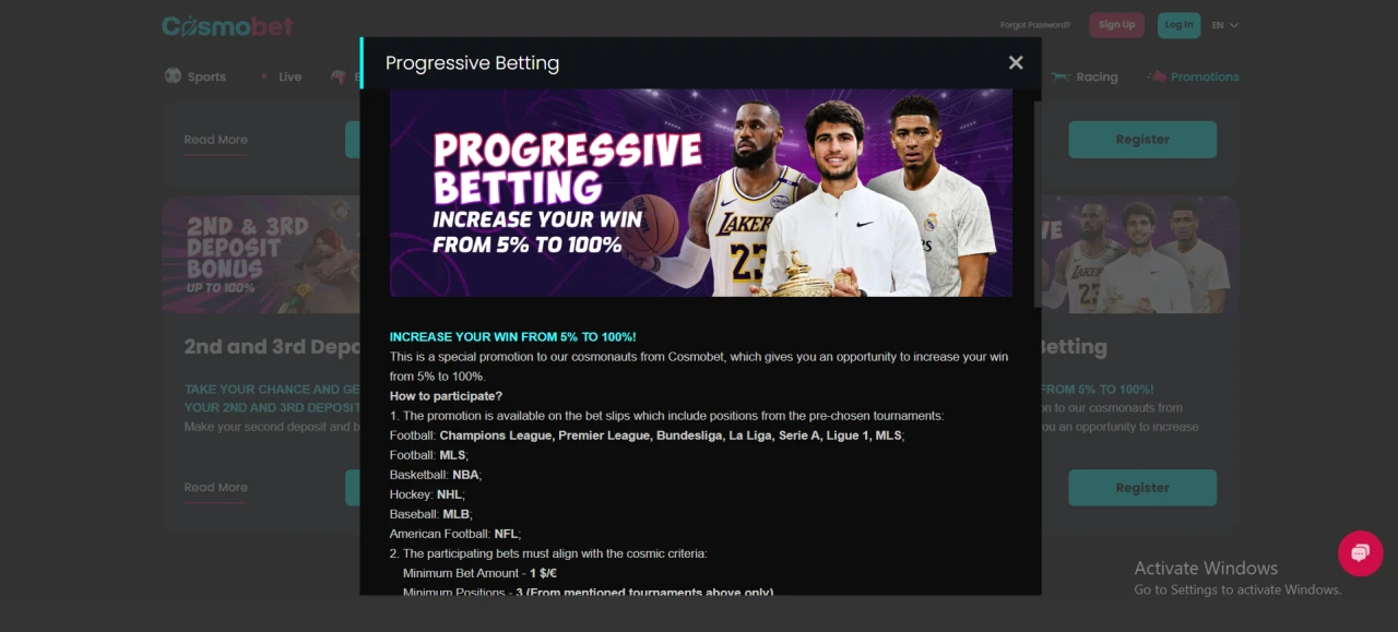 Cosmobet Progressive Betting Bonus