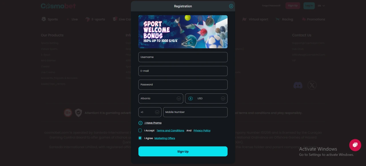 Cosmobet Registration Pop Up