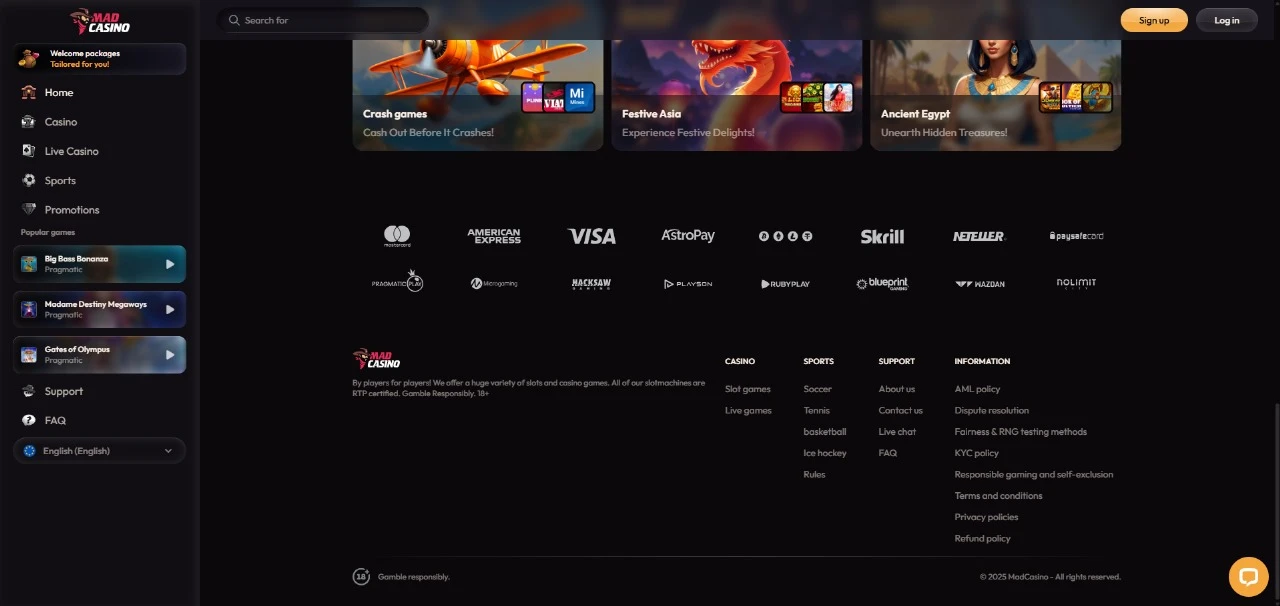 Payment Methods at Mad Casino