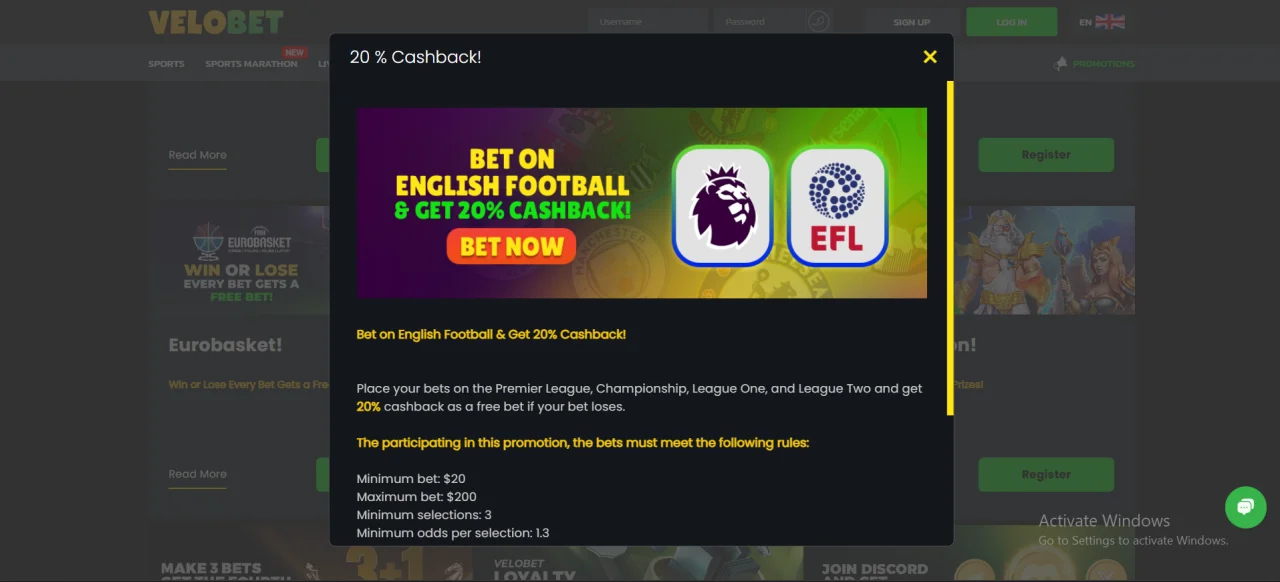 Velobet 20% Cashback